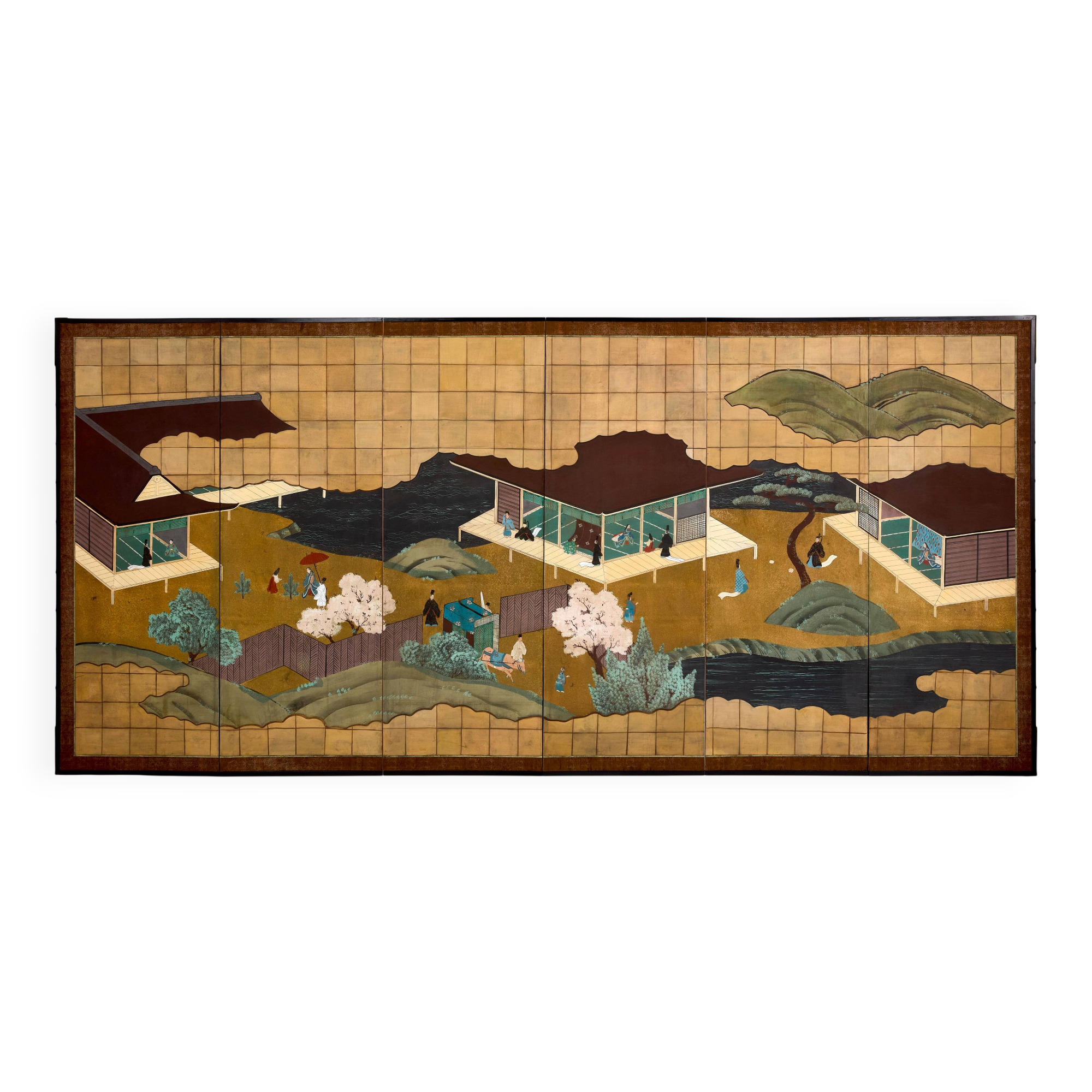 Japanese six-panel Byobu screen on paper, Edo period, 19th century