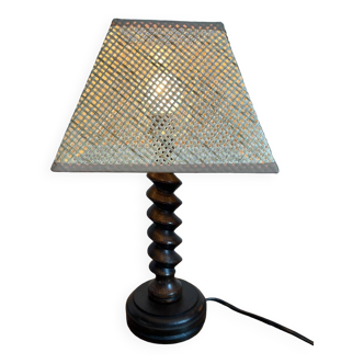 Turned wooden foot lamp with lampshade