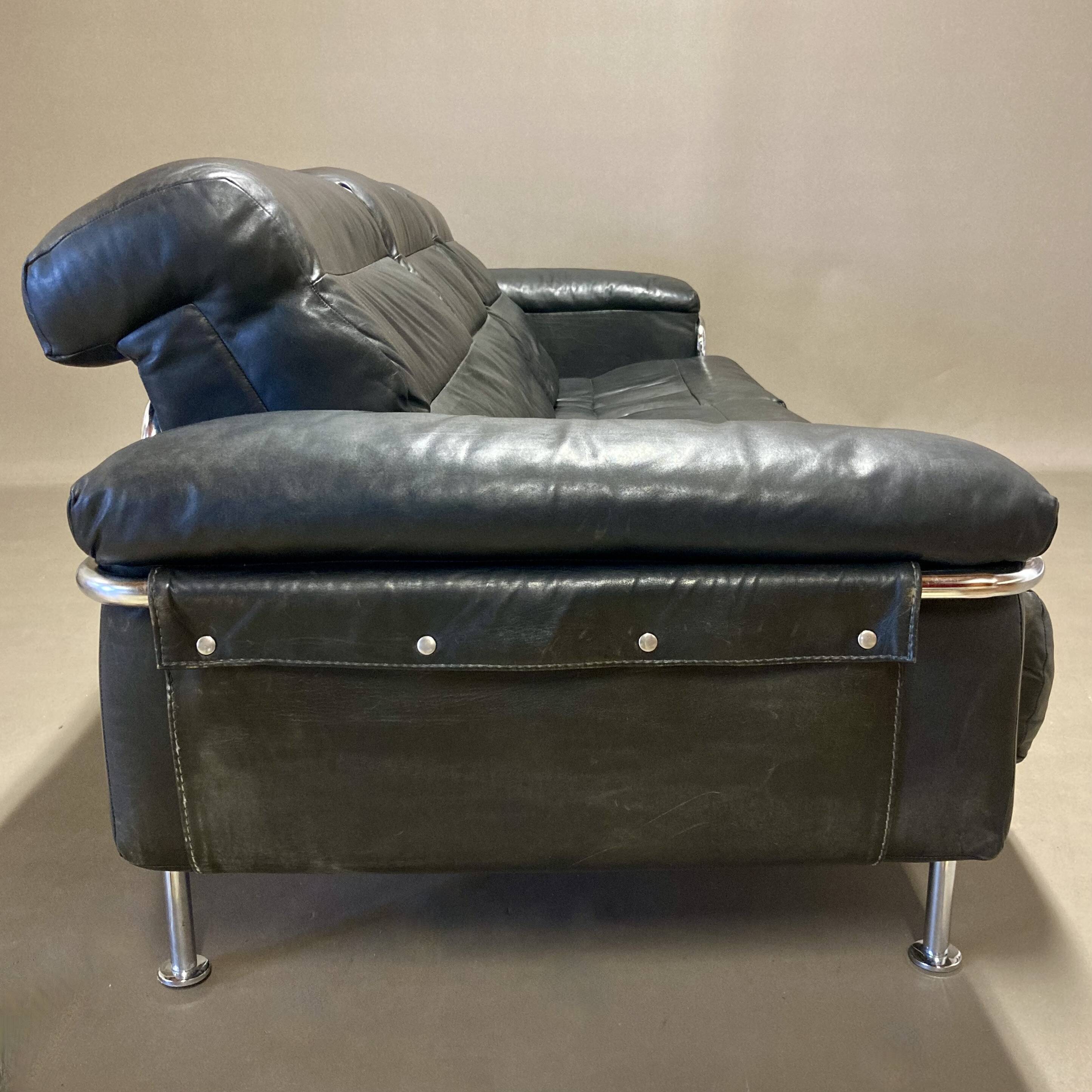 3-seater leather and chrome sofa design 1960.