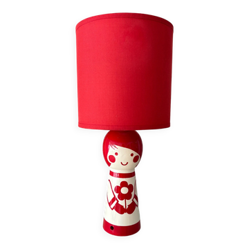 Vintage 1970s Wooden Doll Table Lamp – Red & White – Retro Flower Power Des