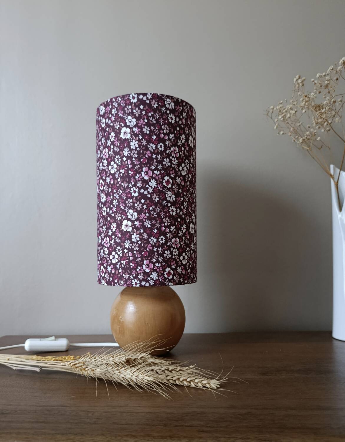 vintage round wooden lamp, lampshade with small Liberty flowers