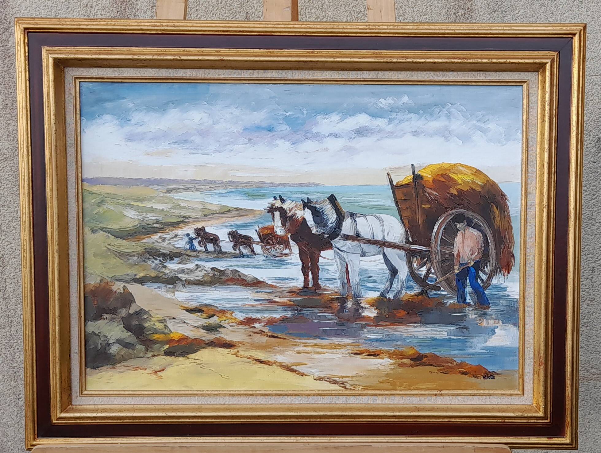 Framed oil on canvas signed Riotte seaweed collector L 81.5 cm Brittany Finistère
