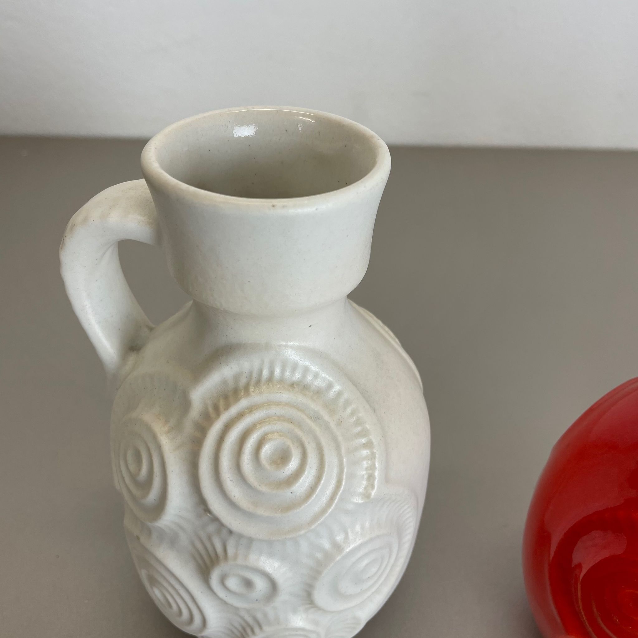 Set of 4 Red-White Fat Lava Op Art Pottery Vases by Bay Ceramics, Germany