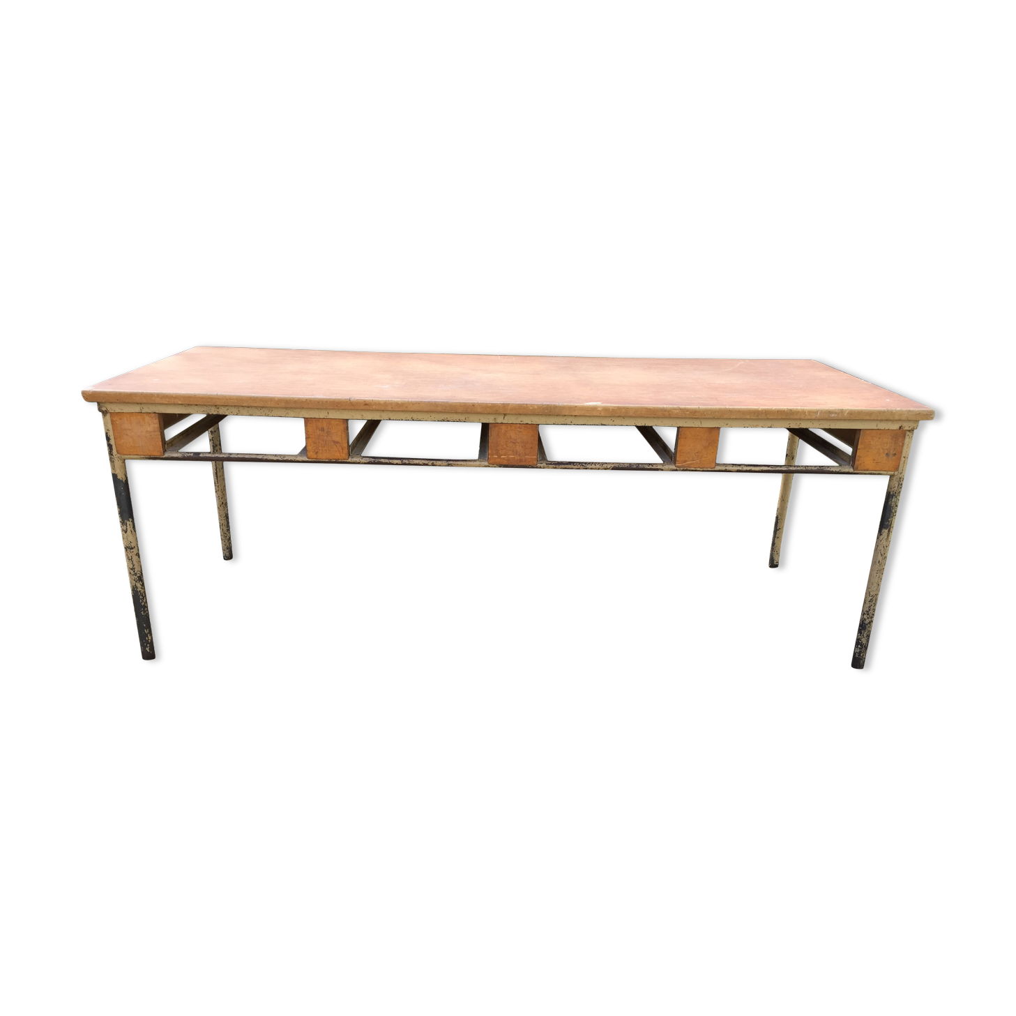 Vintage modernist table with metal tubular base and top covered with oilcloth.