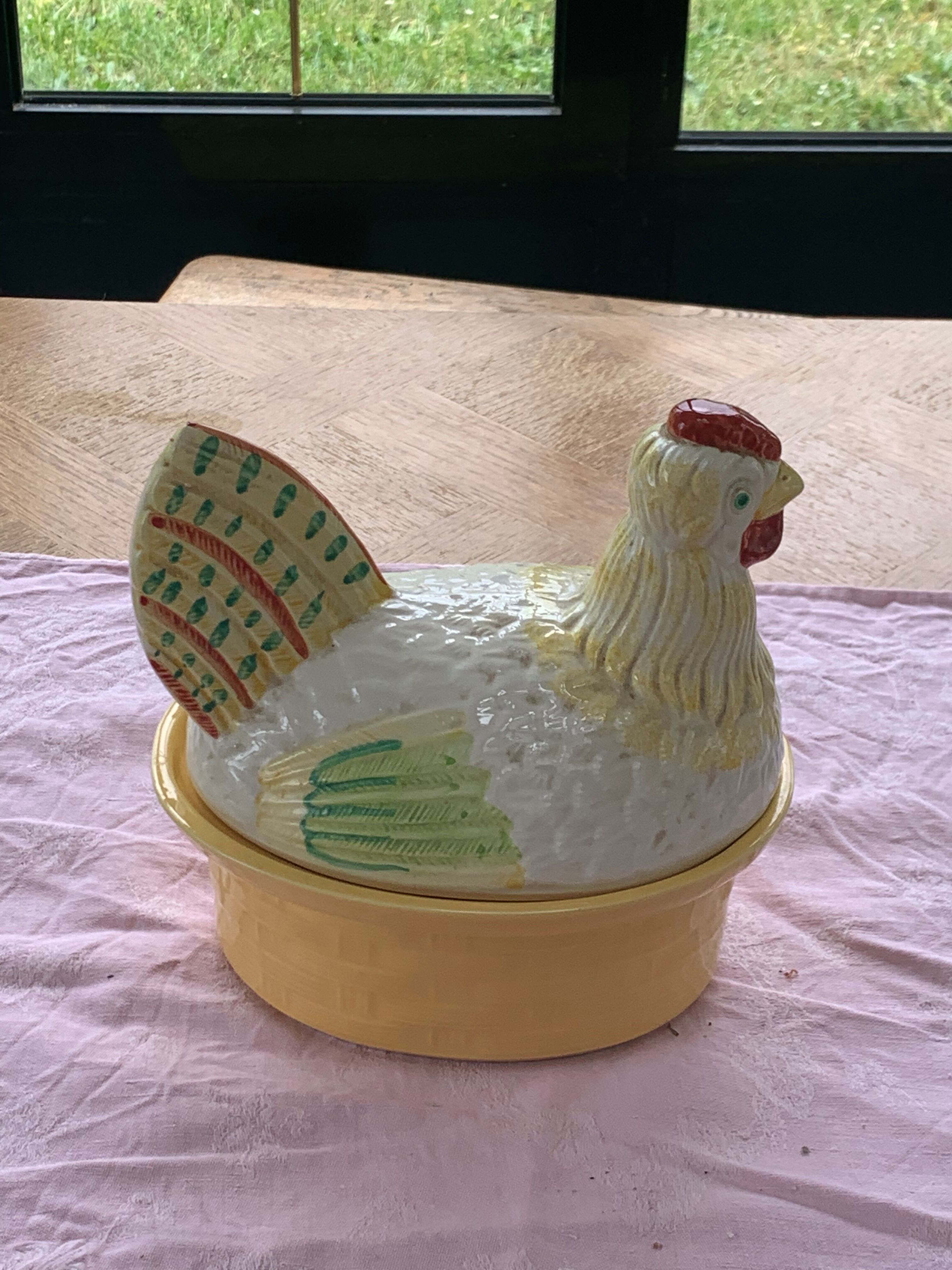 Terrine hen slurry in vintage glazed ceramic