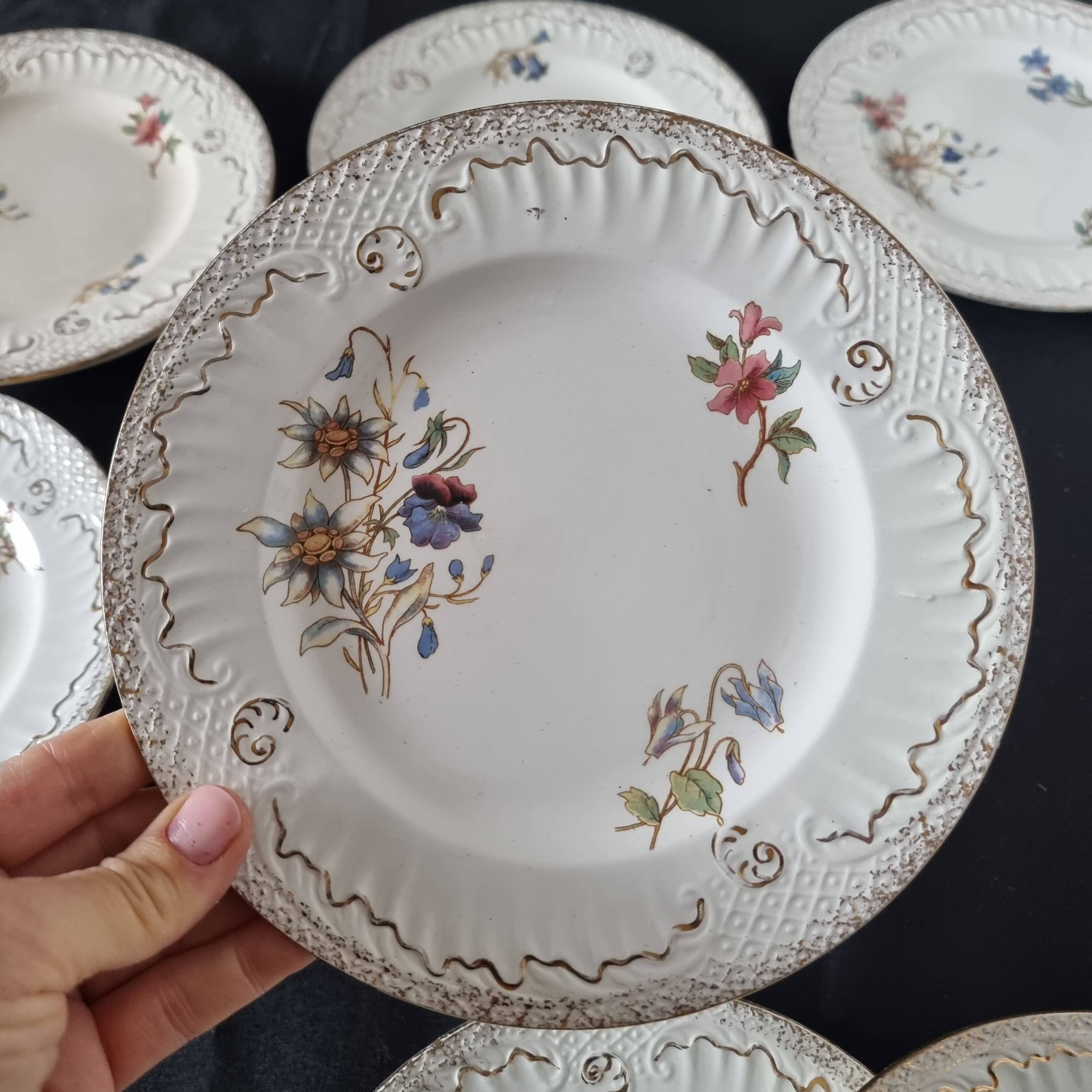 Lot de 9 assiettes anciennes en porcelaine de Sarreguemines, XIXe siècle, s