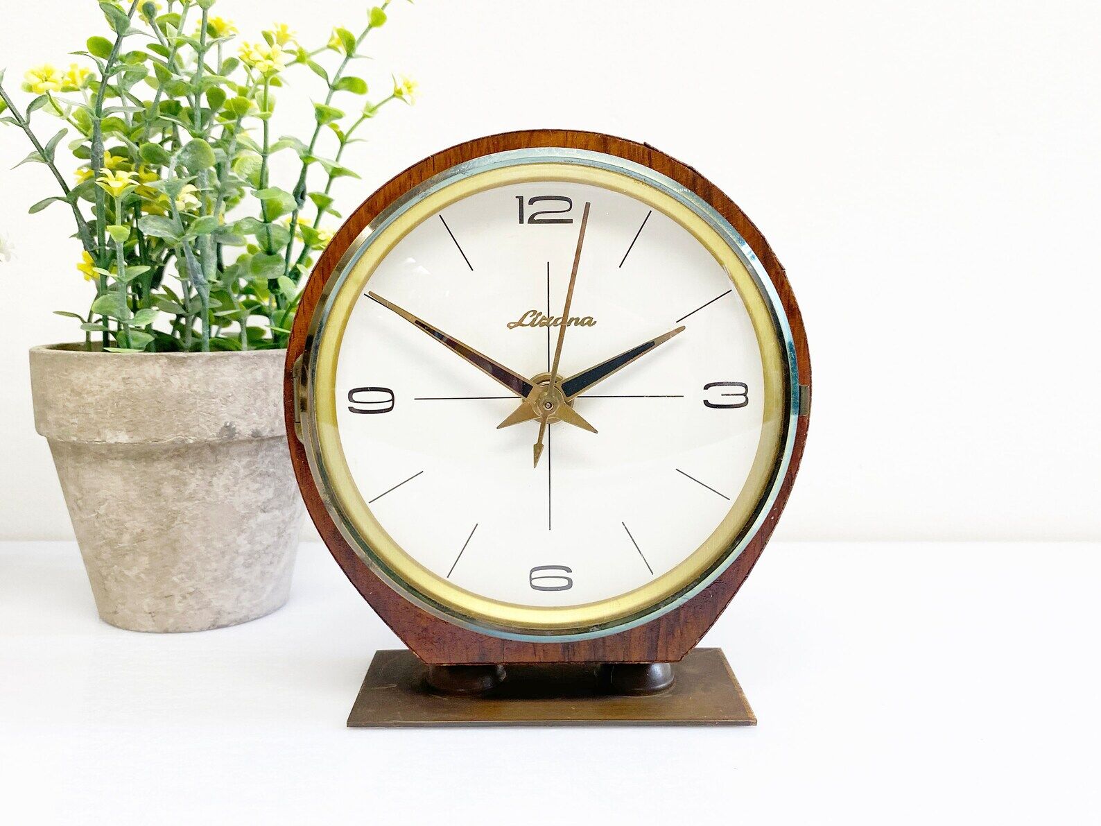 Mid century teak & brass lizana clock, vintage electric table clock
