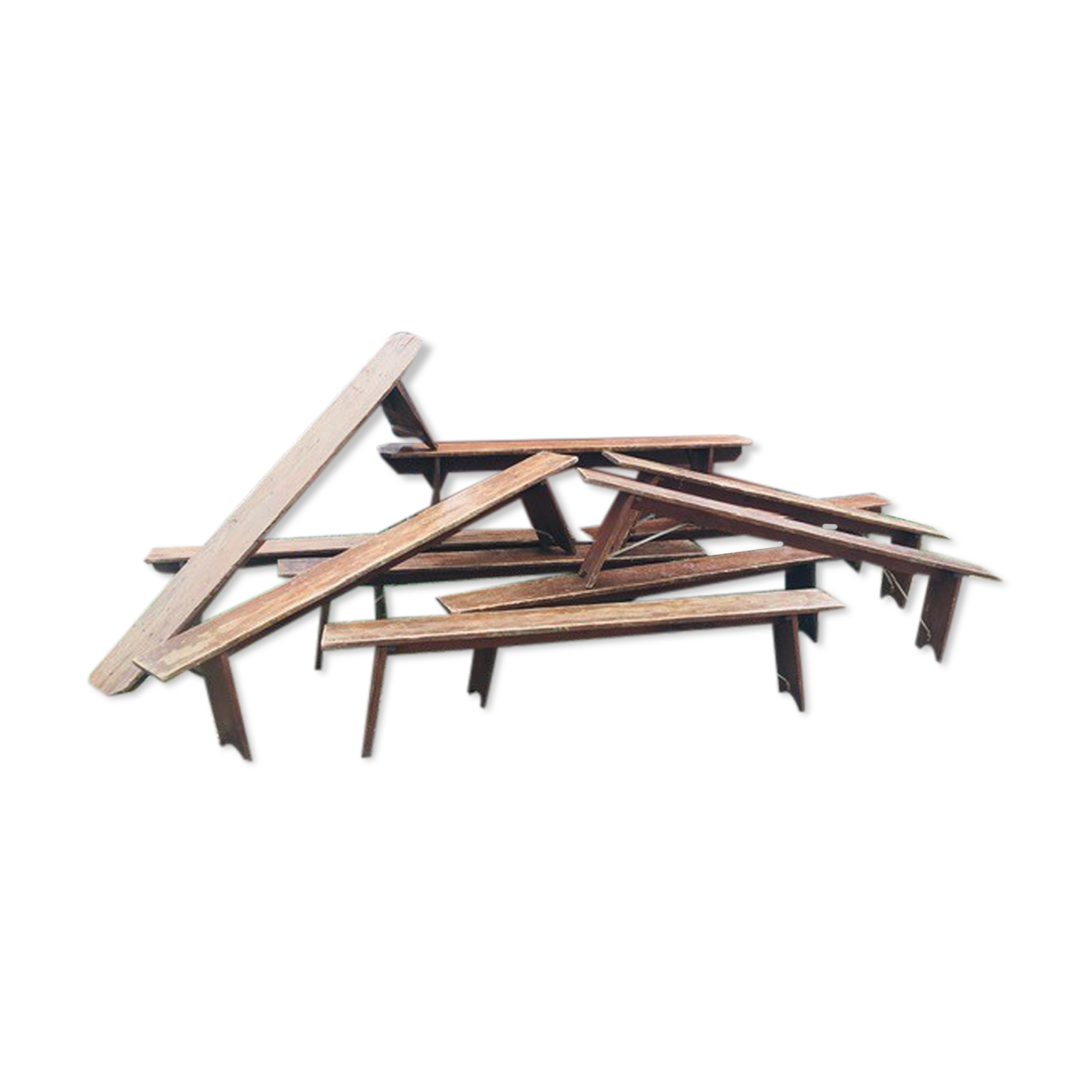 lot of 10 '30s bistro benches in pretty pattine fir