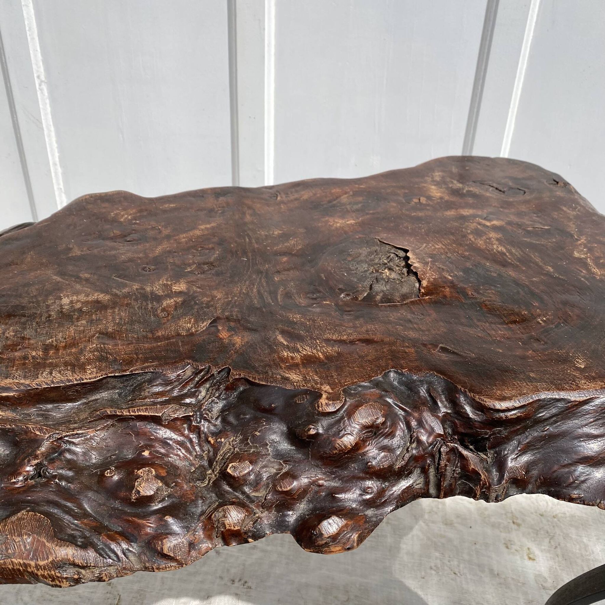Brutalist coffee table in solid elm and wrought iron, ram's horn legs.