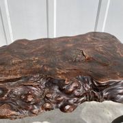 Brutalist coffee table in solid elm and wrought iron, ram's horn legs.