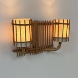 Double vintage wall light in rattan, France, 1950.