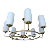 Large vintage Italian glass and brass chandelier, 1950s