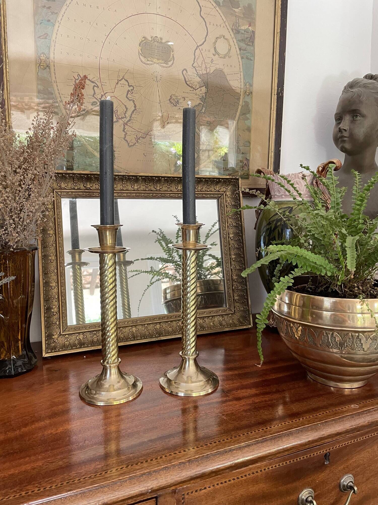 Pair of twisted brass column candle holders