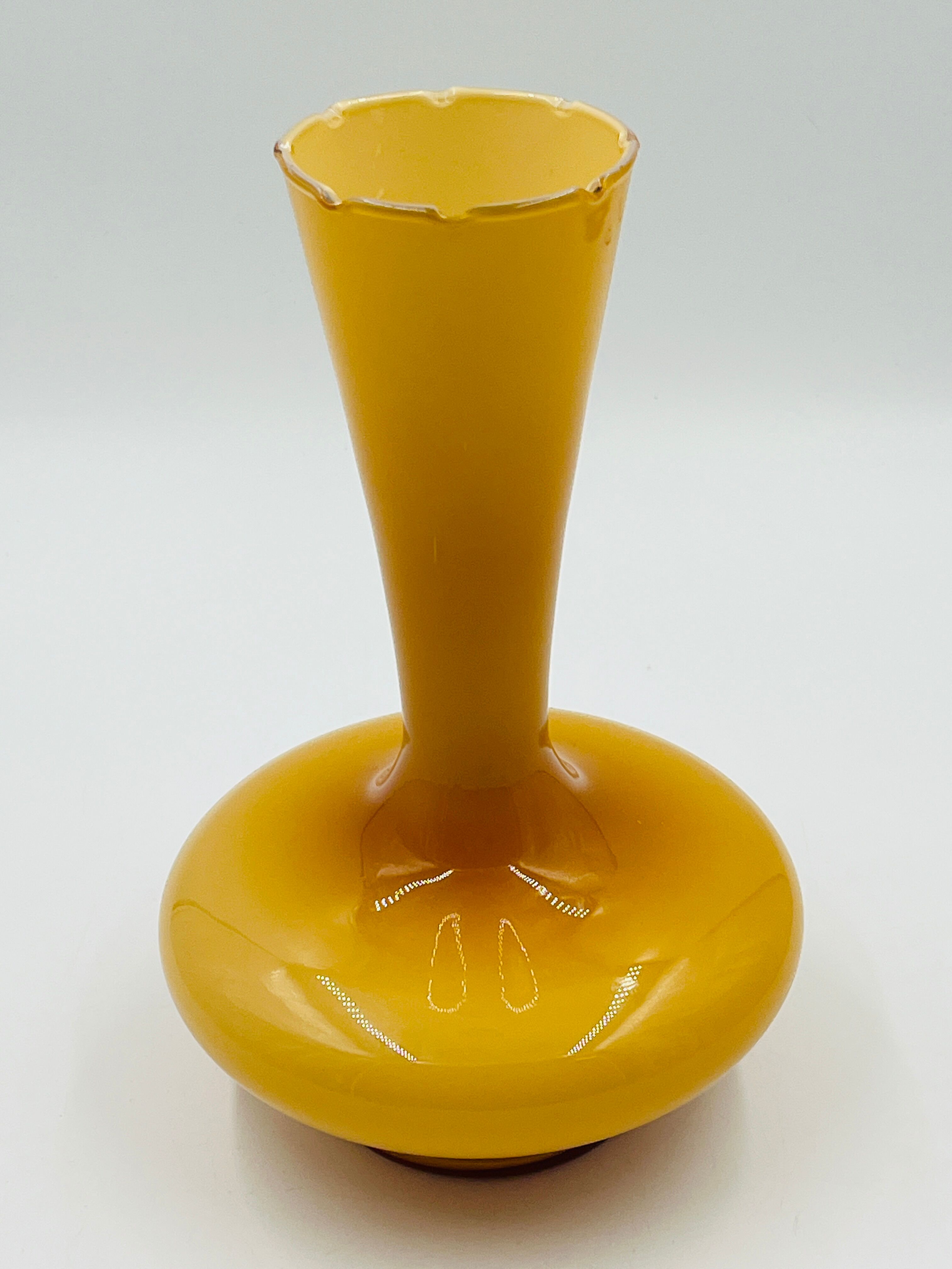 Vintage ochre opaline vase with a fluted neck