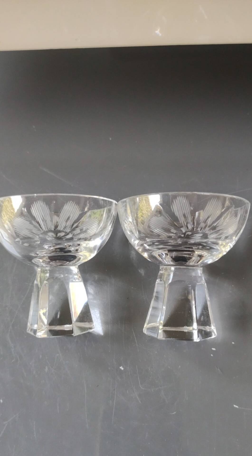 Lot of 5 Small Digestif/Liqueur Glasses. Cut Bohemian crystal. Floral.