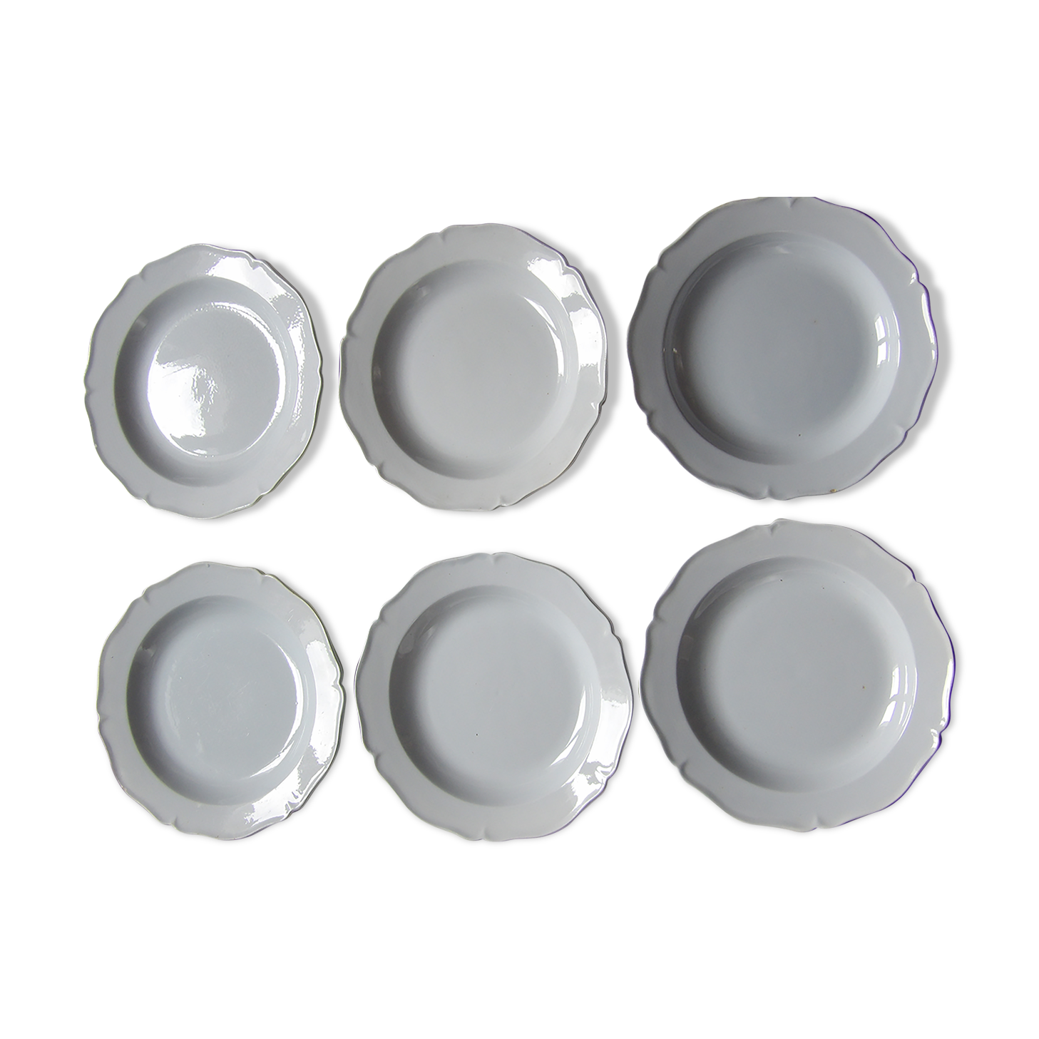 6 hollow plates Montereau faience fine before 1819 white pearl mark in hollow " b . i. "