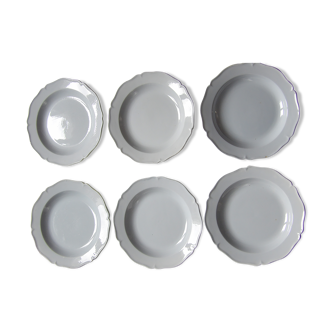 Set de 6 assiettes creuses Montereau faience fine avant 1819 blanc perle marque en creux " b . j . "