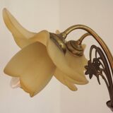 Vintage 5-light chandelier in metal with a bronze effect and flower-shaped lampshades, France.