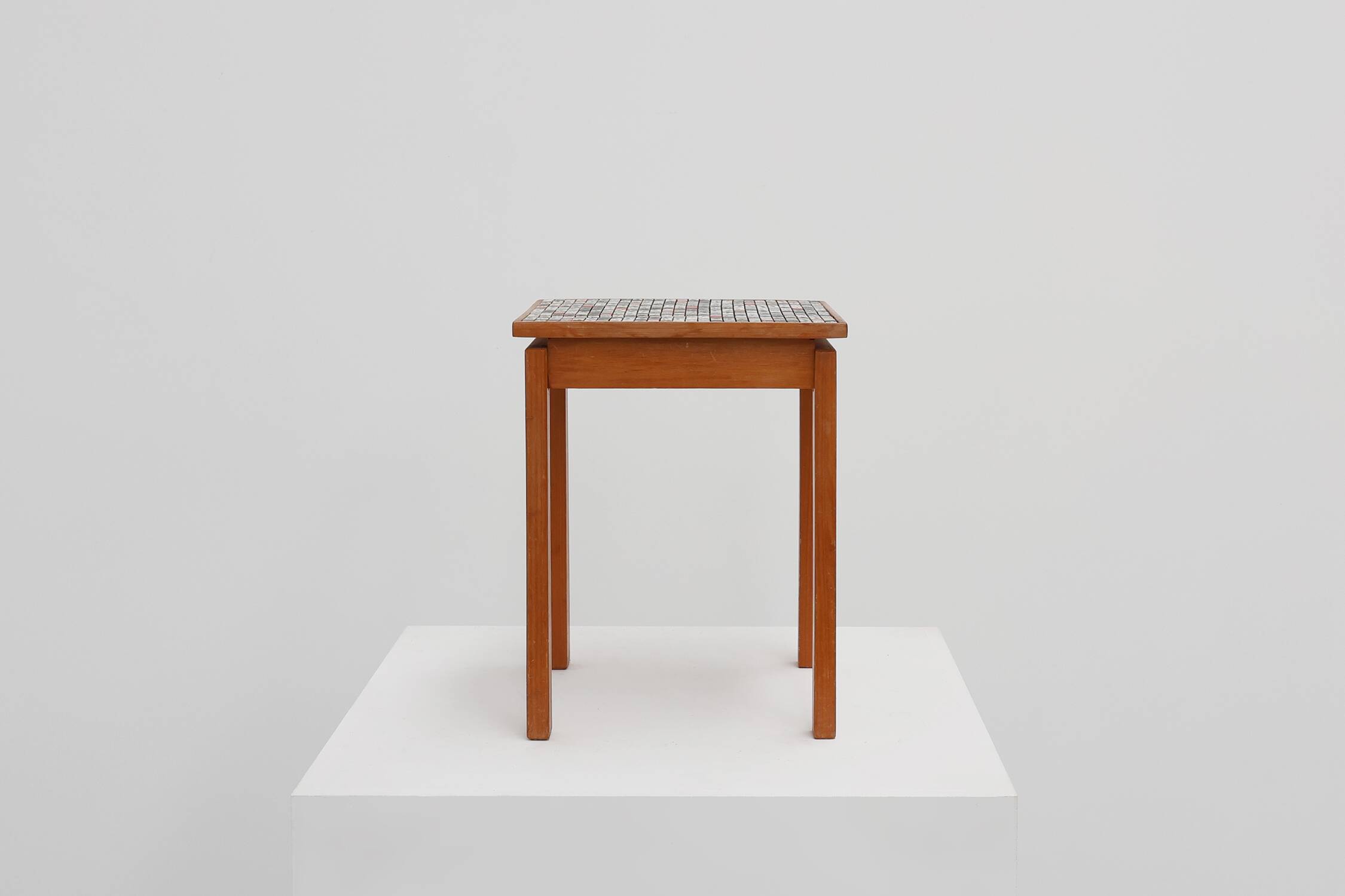 Vintage side table in pine wood tiled with mosaic, Belgium 1950s