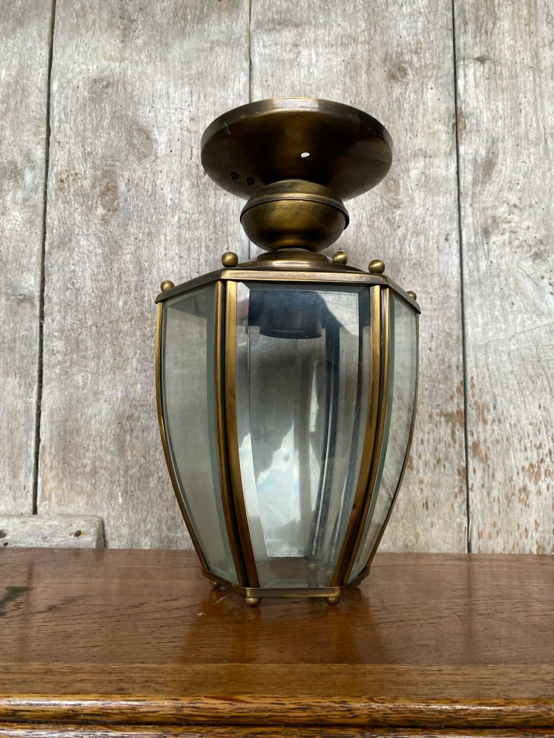 Antique brass lantern ceiling light + 6 faceted beveled glass vintage