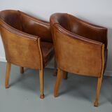 Fauteuils club style art déco en cuir cognac, pays-bas, set de quatre