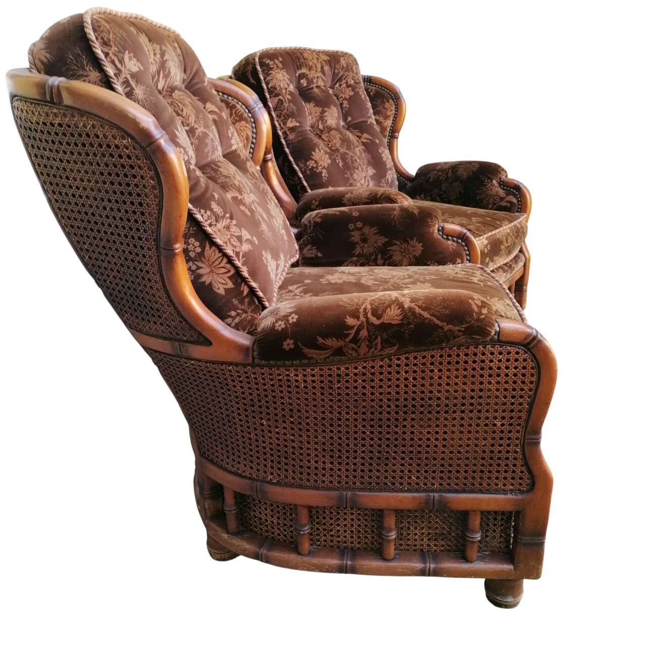 Poltrone bergère italiane in velluto e paglia di Vienna, anni '70, set di 2