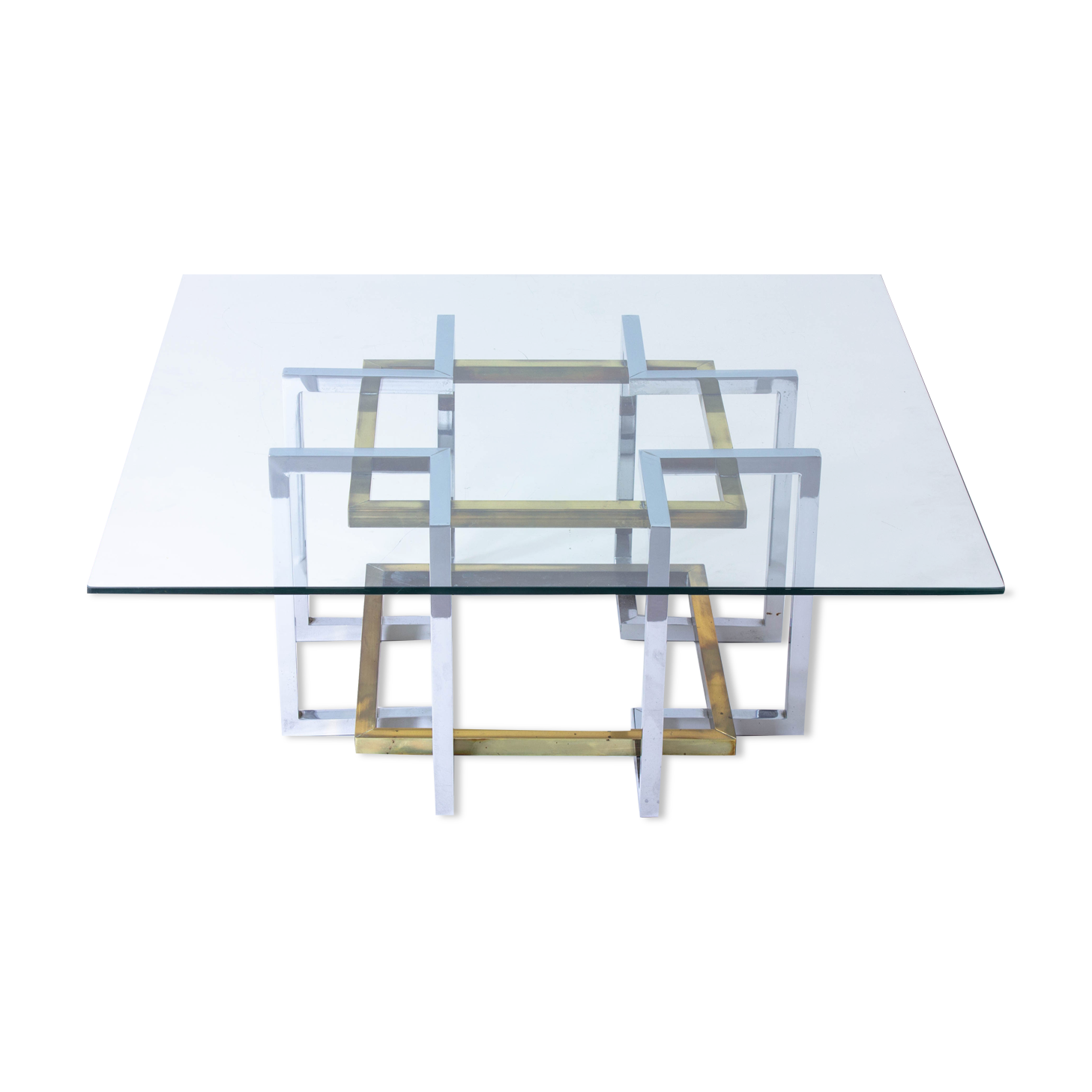 Geometrical brass & chrome coffee table, Belgium 1970s