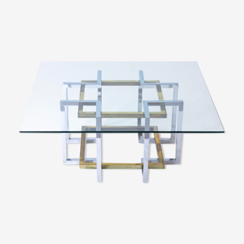 Geometrical brass & chrome coffee table, Belgium 1970s