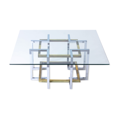 Table basse géométrique en laiton et chrome, Belgique années 1970
