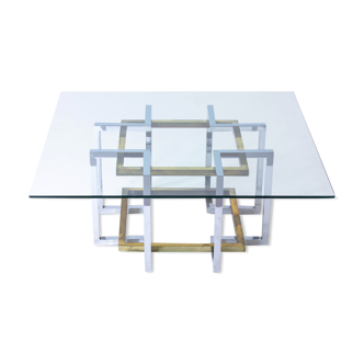 Table basse géométrique en laiton et chrome, Belgique années 1970