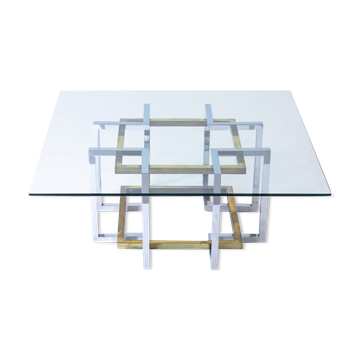 Geometrical brass & chrome coffee table, Belgium 1970s