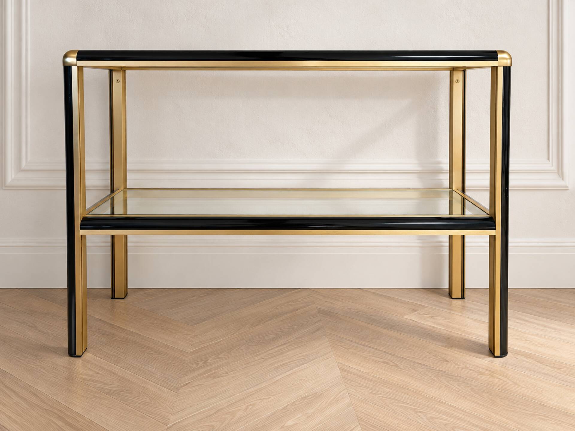 Vintage black and gold console with two glass shelves – 70s/80s