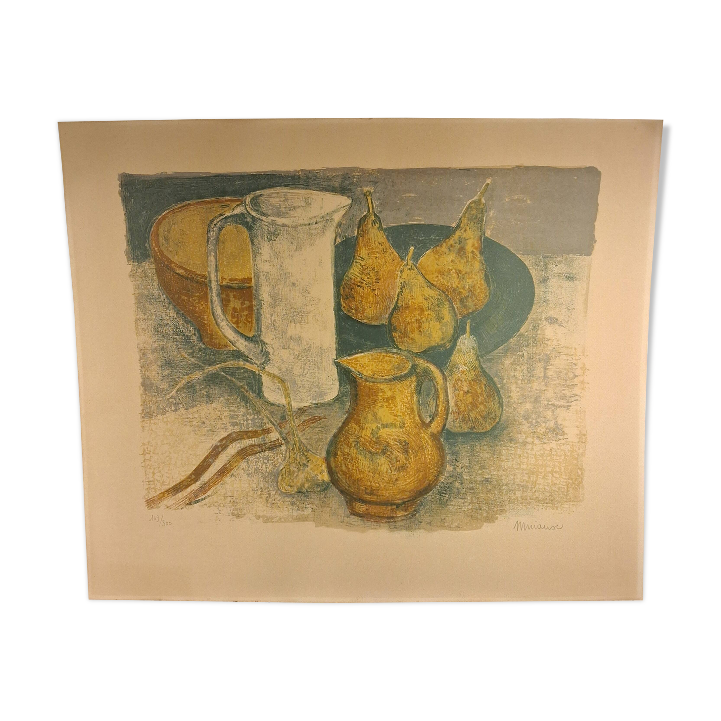 Lithographie en couleur d’André Minaux (1923-1986), nature morte, fruits