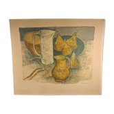 Colour lithograph by André Minaux (1923-1986), still life, fruits.
