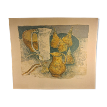 Lithographie en couleur d’André Minaux (1923-1986), nature morte, fruits
