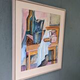 Mid-century modern swedish interior still life 'tabletop setting', vintage framed watercolour