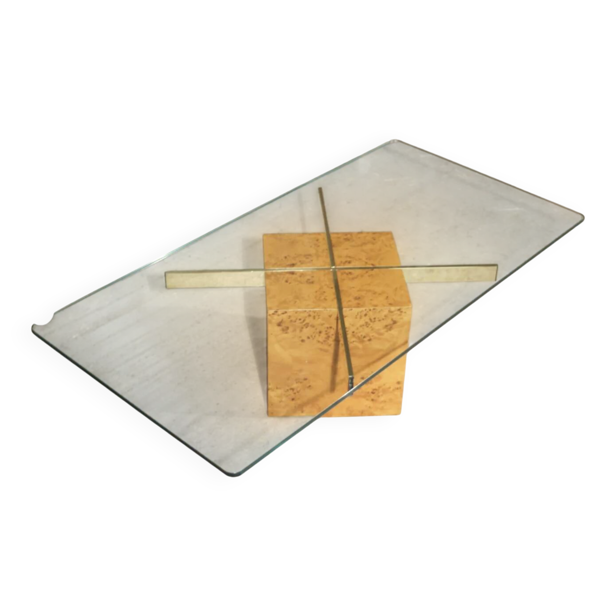 Coffee table in elm burl and tempered glass by Jean-Claude Mahey for Roche Bobois.