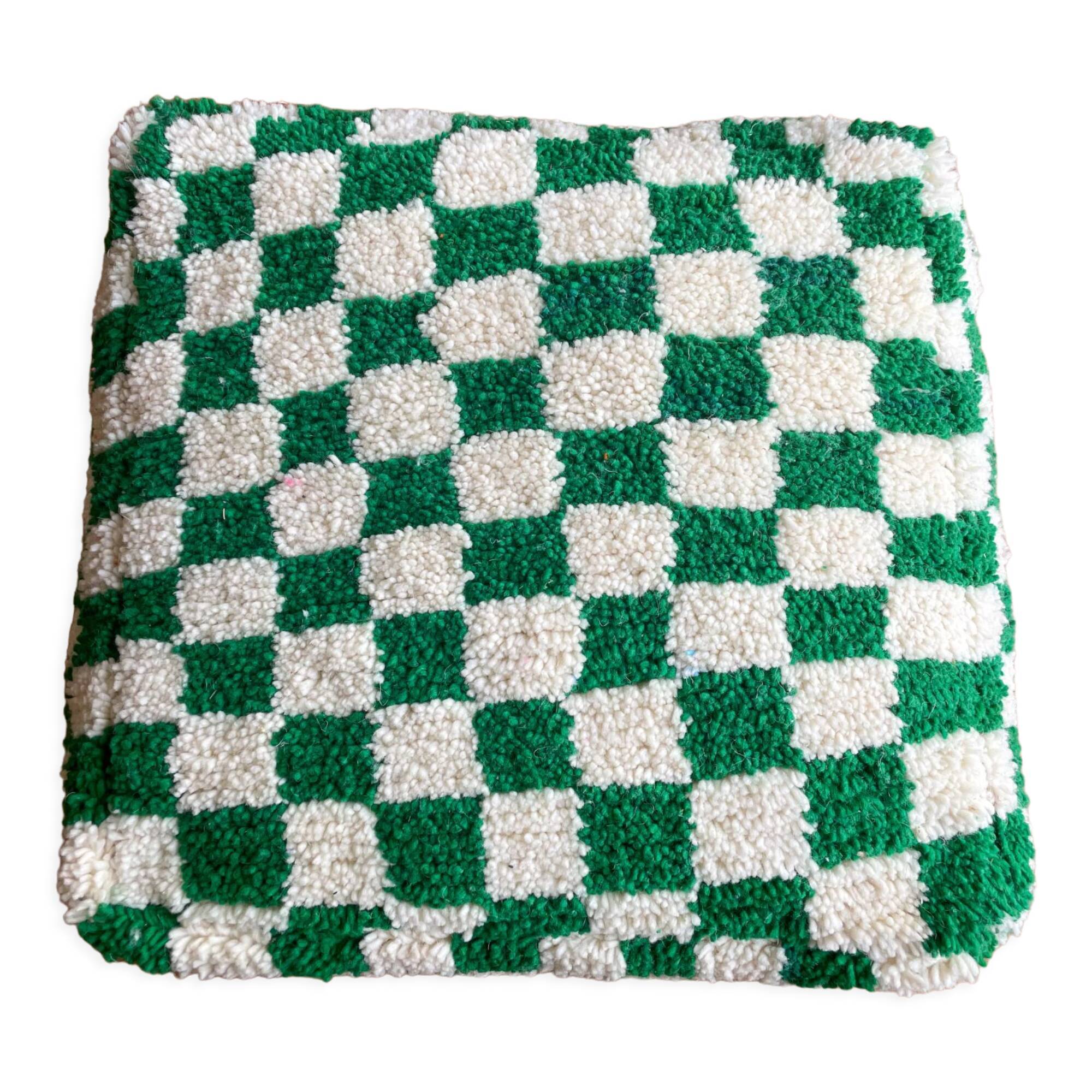 Moroccan Berber pouf with fir green and bohemian off-white checkered