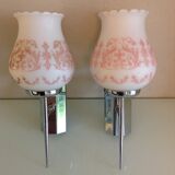 Pair of white opaline and chromed metal / vintage wall lamp 60s-70s