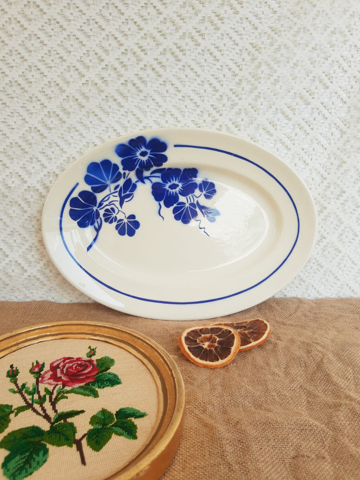 Old oval serving dish Badonviller France capucines model
