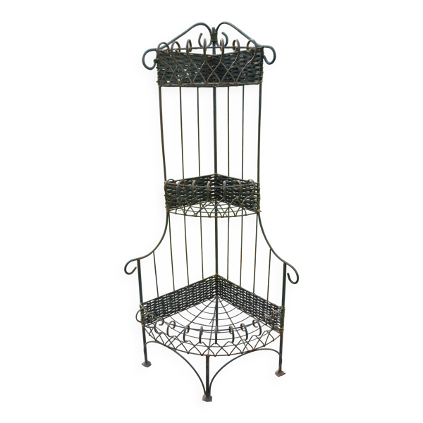 Etagère d'angle, porte plante en fer forgé et rotin
