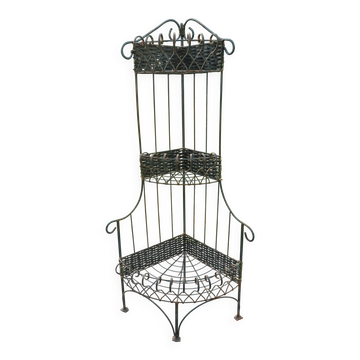 Etagère d'angle, porte plante en fer forgé et rotin