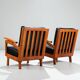 Pair of Belgian lounge chairs in solid oak with leather cushions