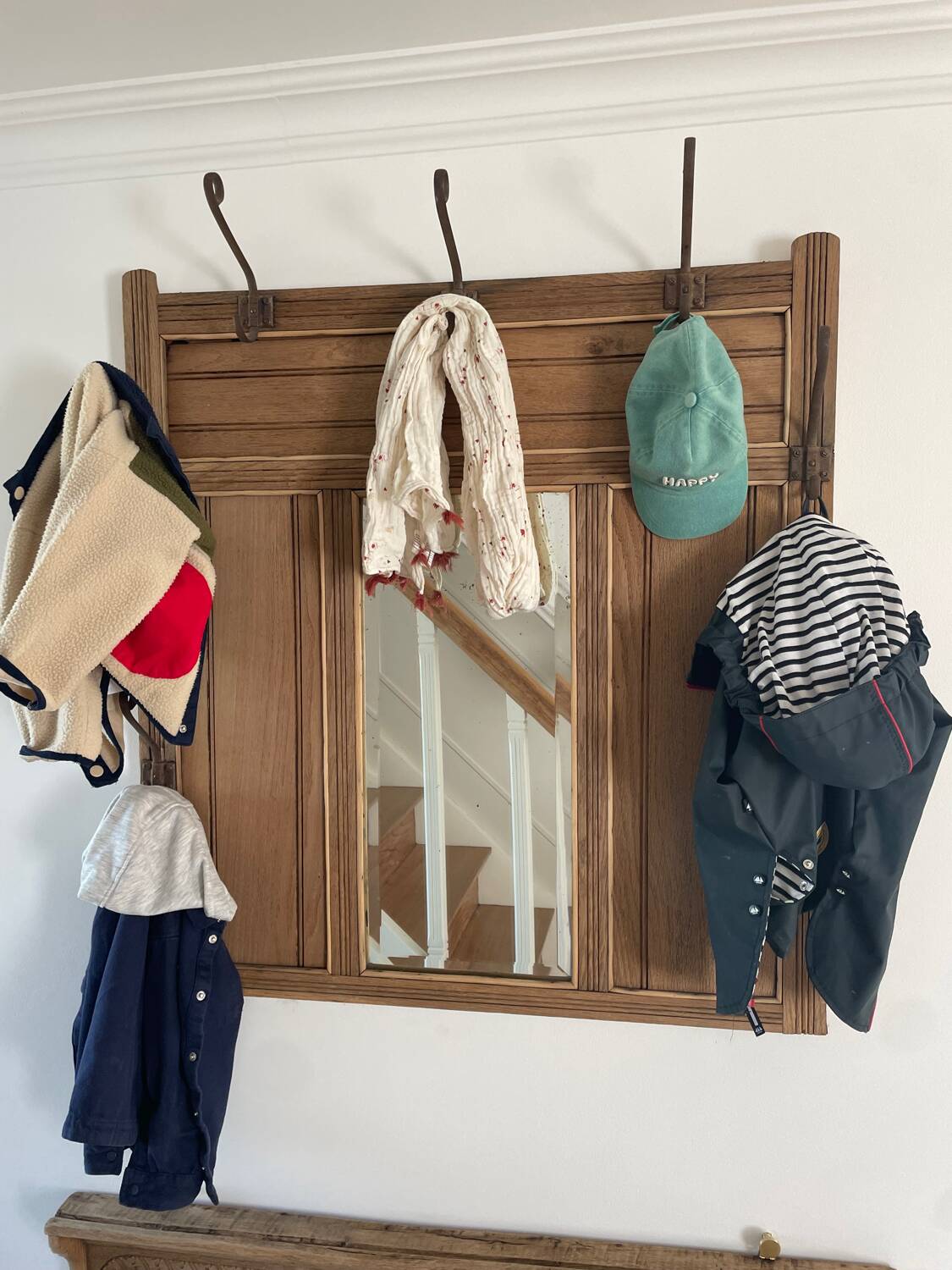 Vintage carved wood wall coat rack mirror - 6 iron hooks