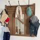 Vintage carved wood wall coat rack mirror - 6 iron hooks