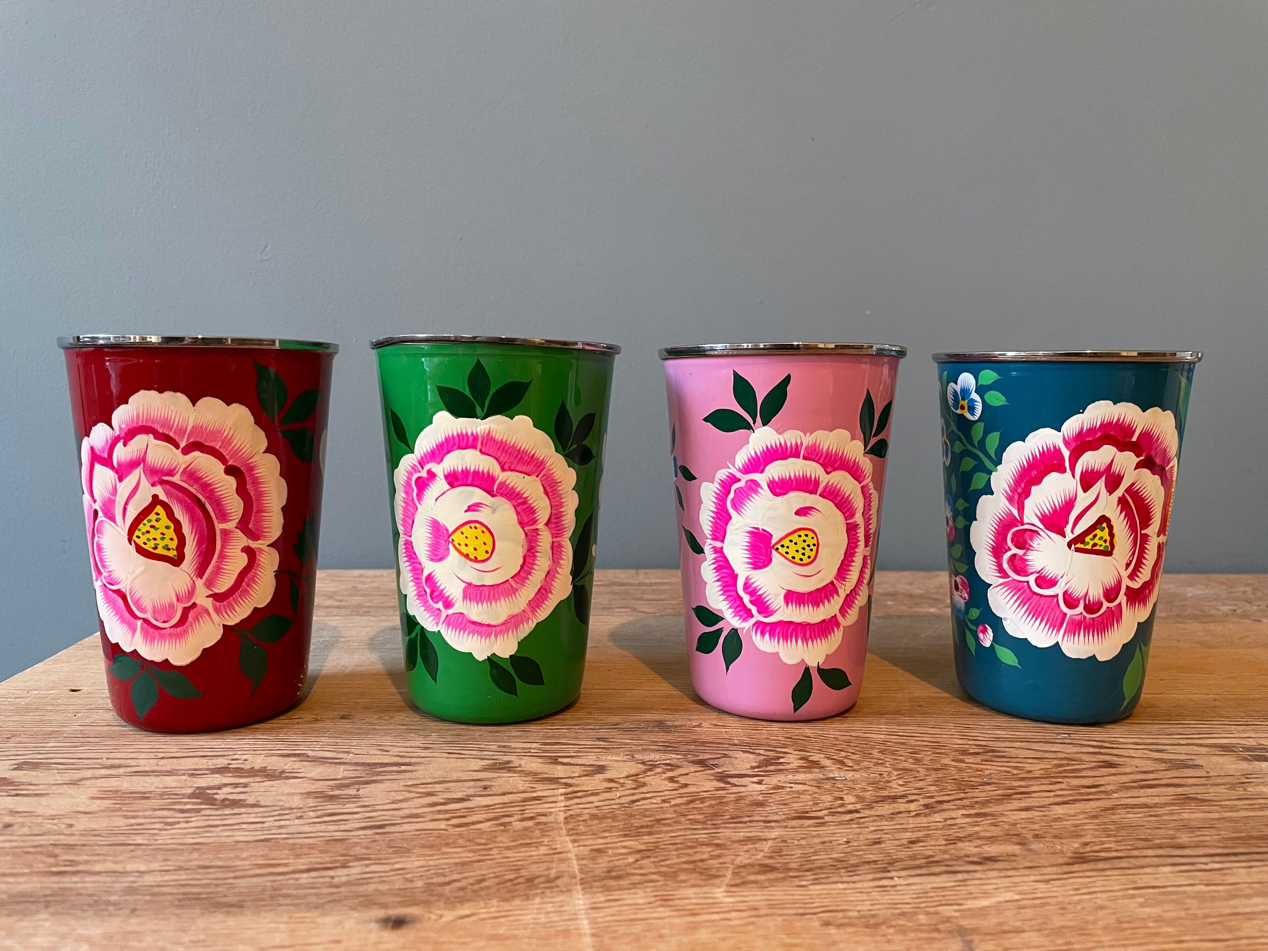 Set of 4 hand-painted stainless steel cups