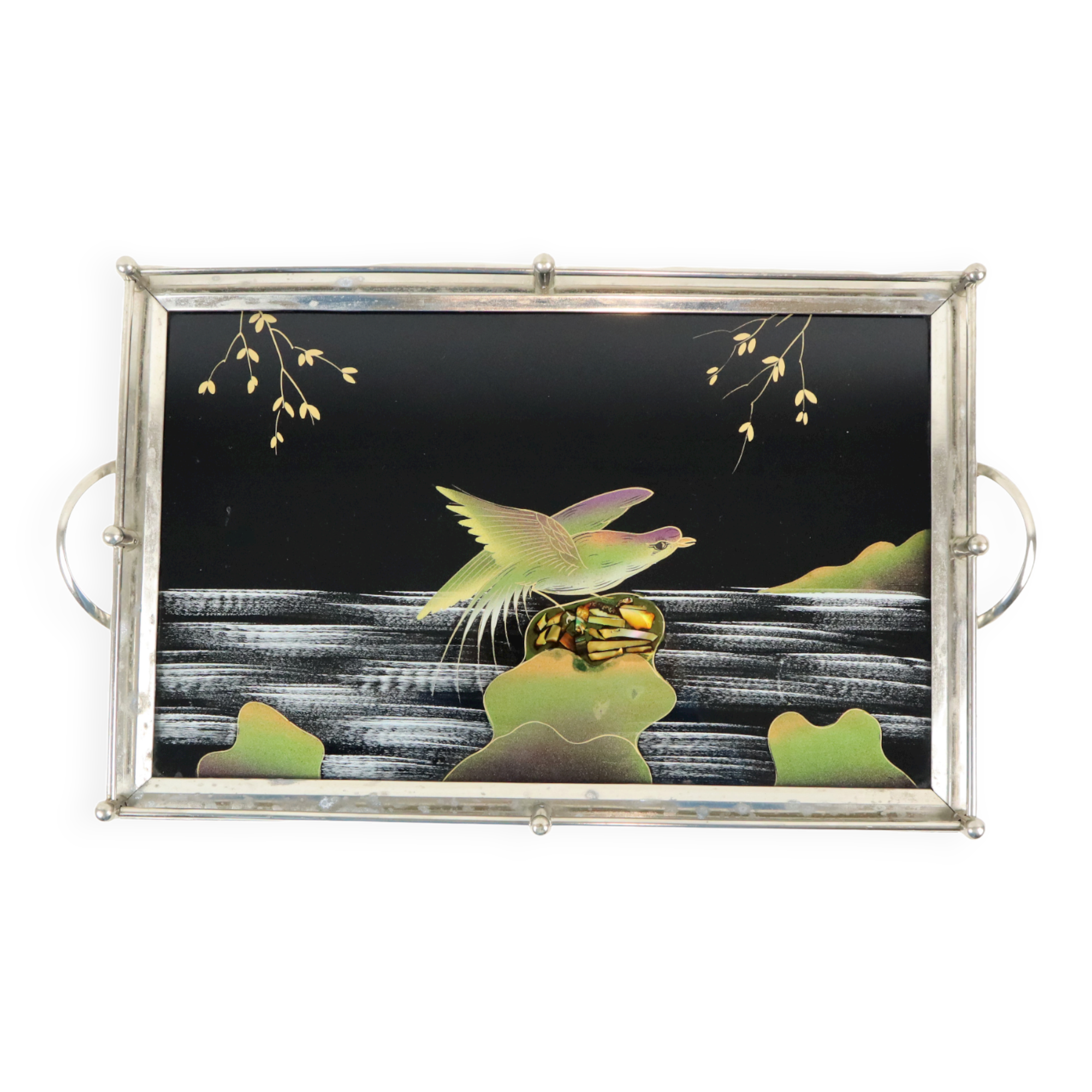 Vintage tray birds black glass chrome 1950s-60s plateau 40x26cm