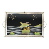Vintage tray birds black glass chrome 1950s-60s plateau 40x26cm