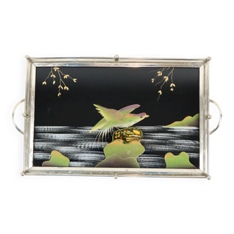 Vintage tray birds black glass chrome 1950s-60s plateau 40x26cm