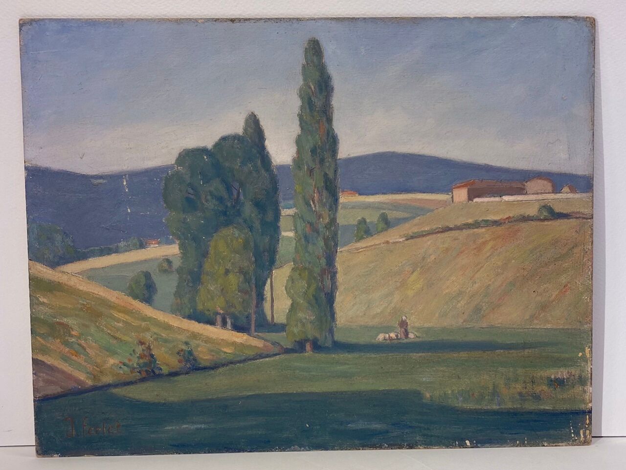 Tableau ancien, paysage Monts du Lyonnais daté 1948 et signé
